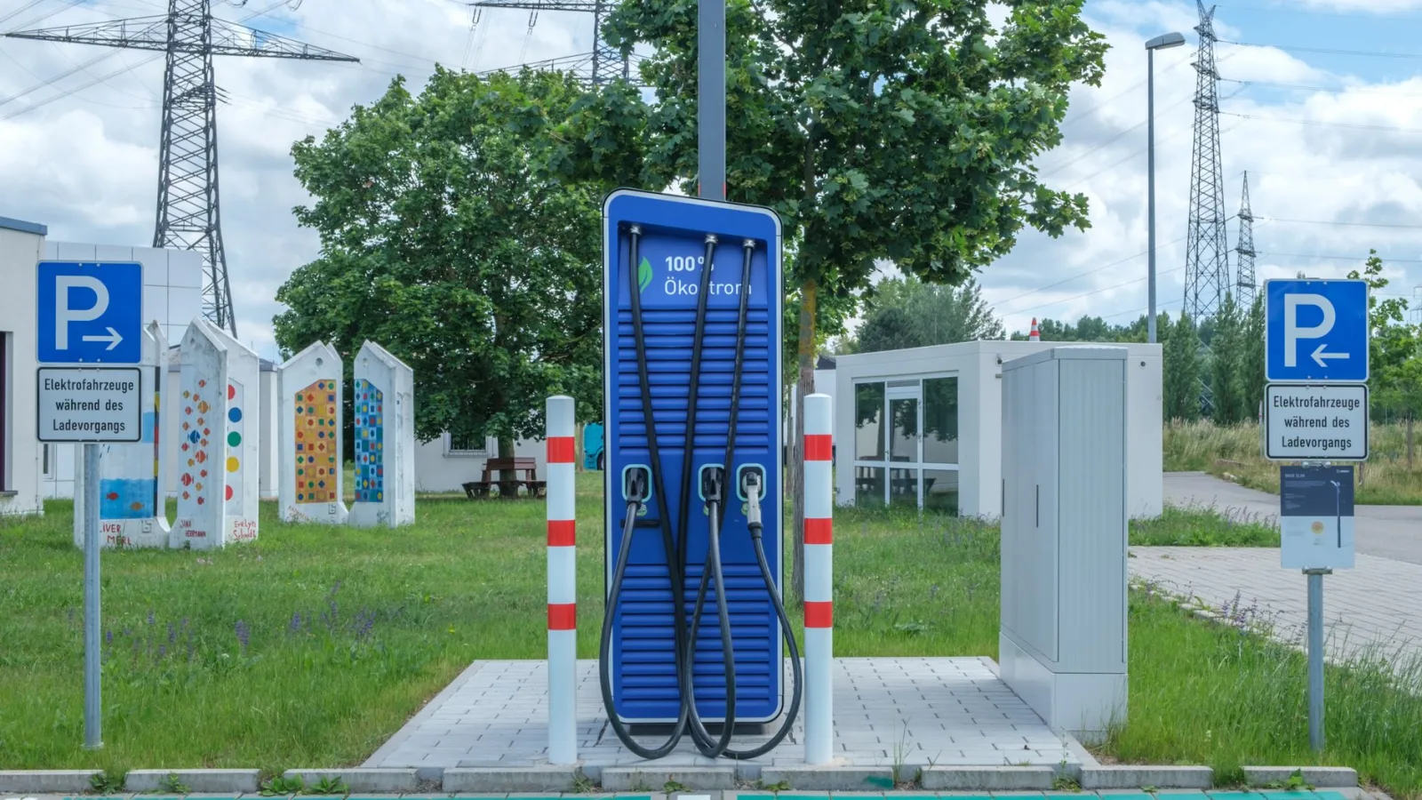 Public charging station with eco-friendly design for electric vehicles.