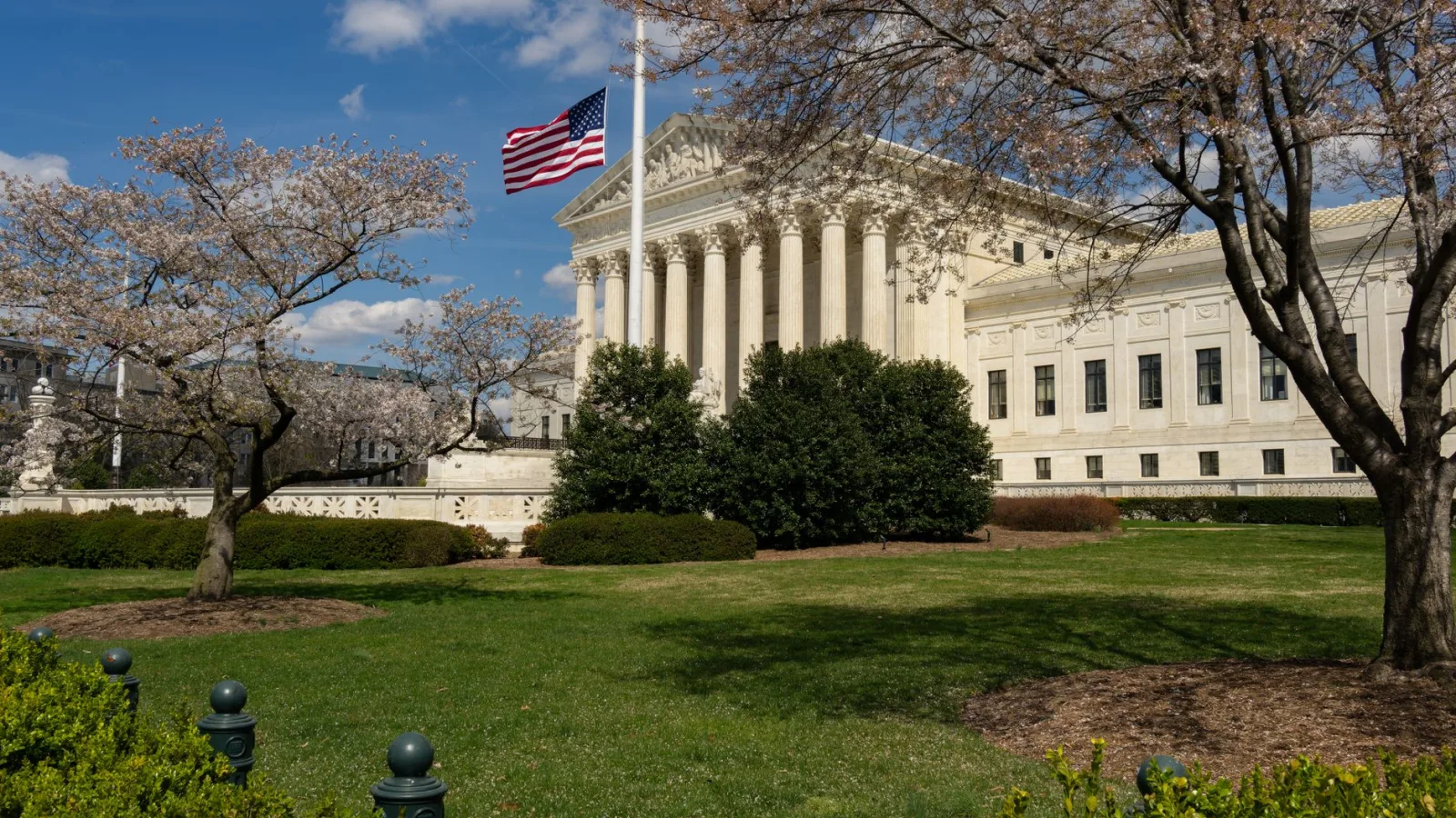 A view of a neoclassical government building with an American flag and cherry blossoms in Washington, DC.