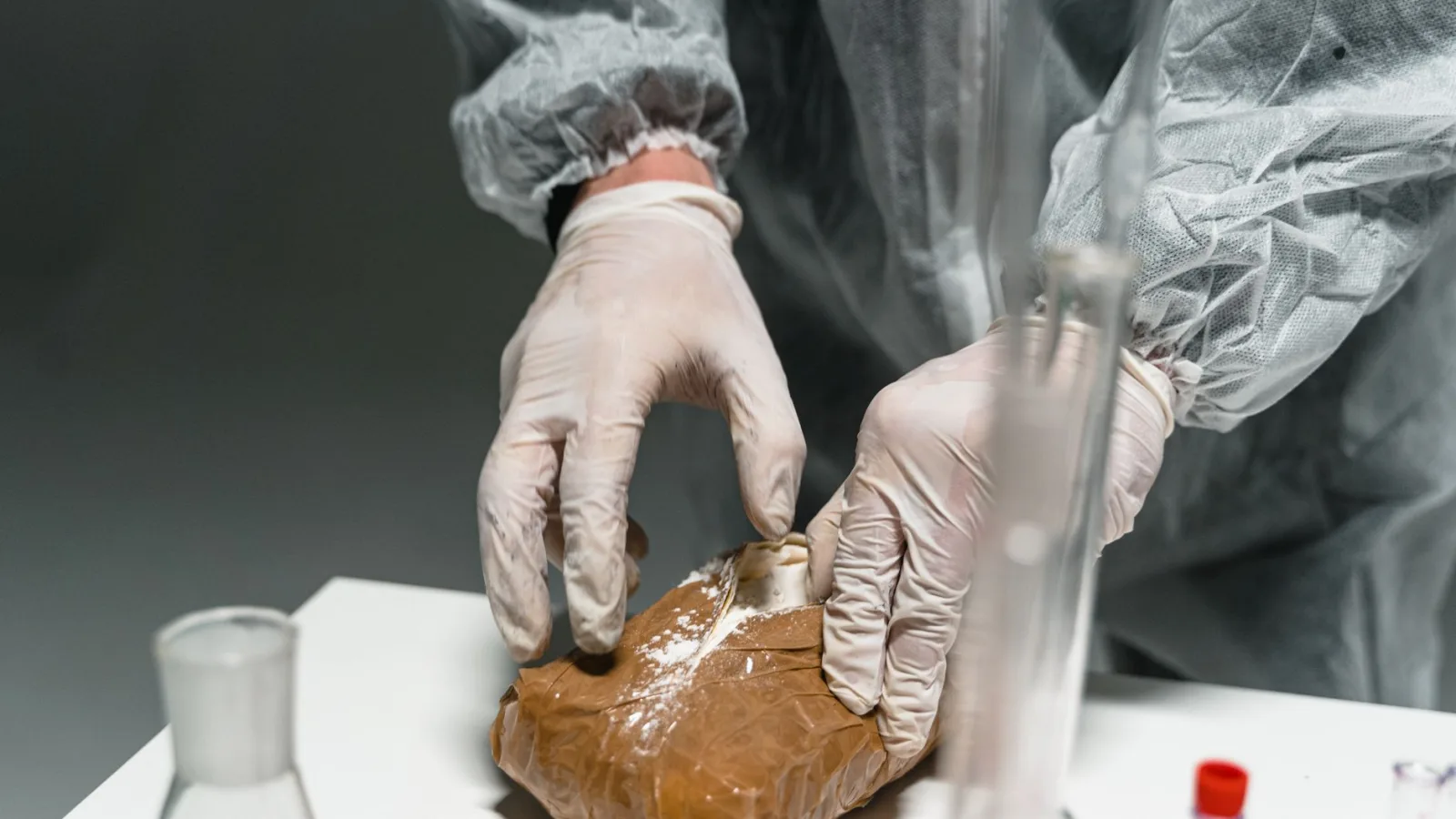Lab worker analyzes powdered substance in a laboratory setting using safety gear.