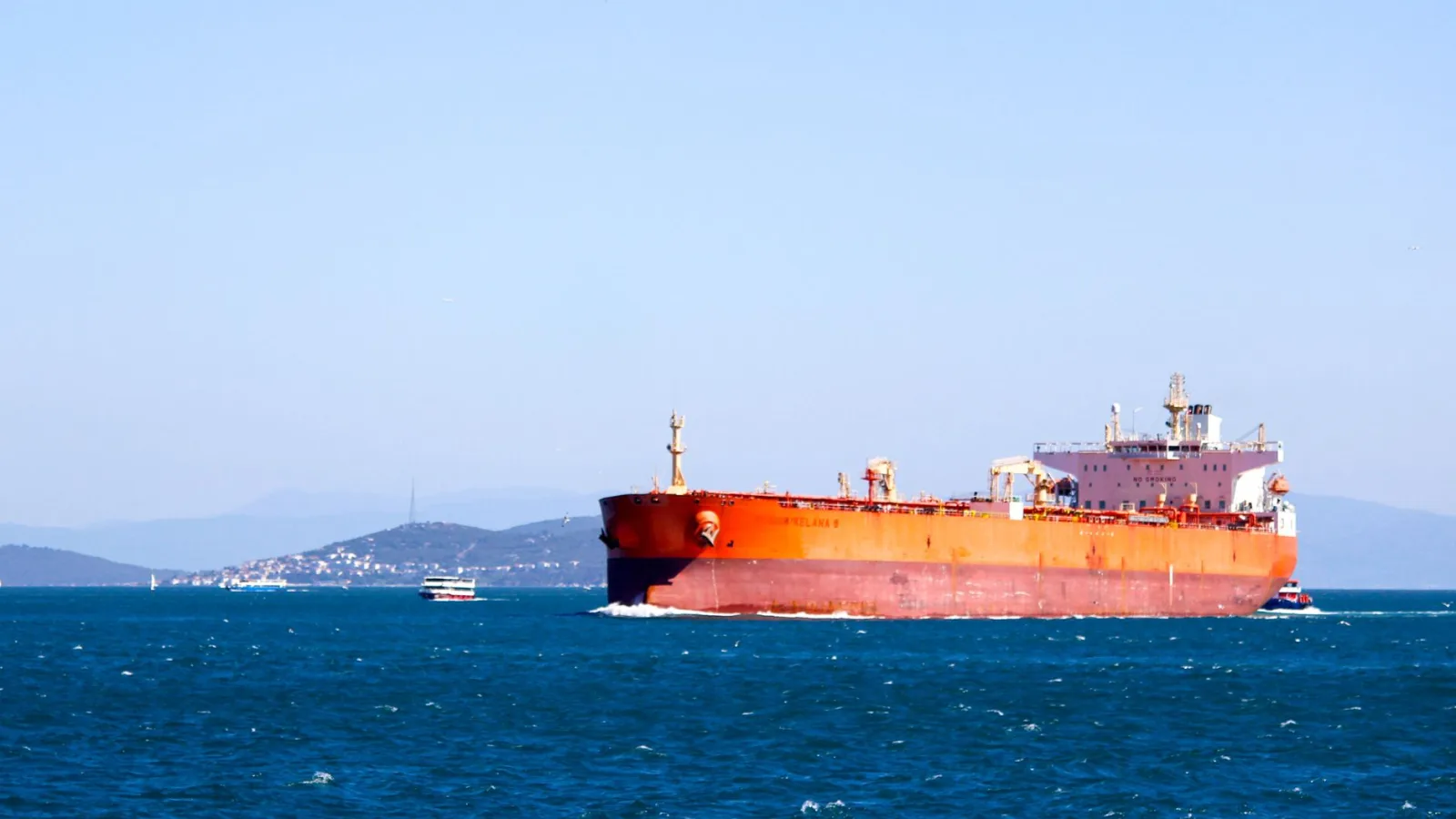 A large cargo ship navigating the open blue sea under a clear sky, showcasing maritime transport.