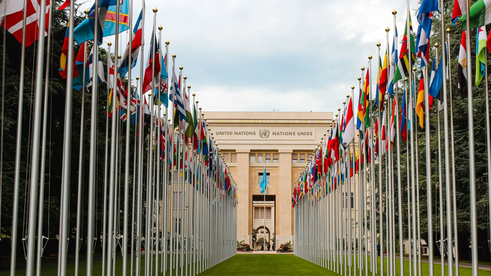 From below of various flags on flagpoles located in green park in front of entrance to the UN headquarters in Geneva