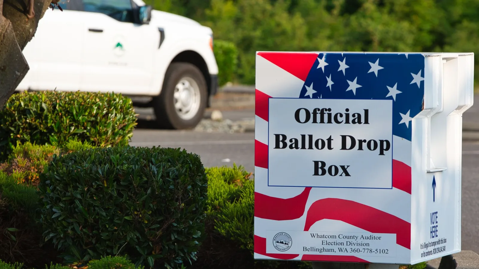 Patriotic ballot drop box in Ferndale, Washington for US elections.